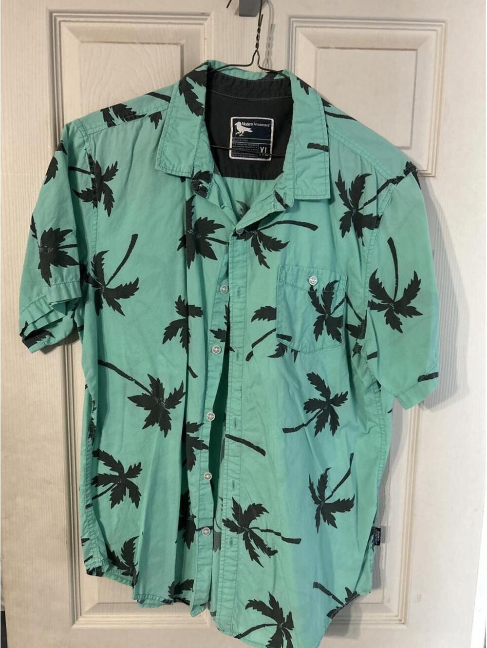 modern amusement vintage palm tree hawaiian shirt XL teal tropical button up
